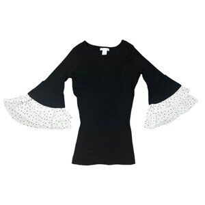 Womens Black Ribbed Knit Top With Polka Dot Ruffle Sleeves S Whimsical Classic S